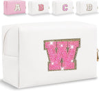 Small Personalized Glitter Initial Letter Makeup Bag, Cute PU Leather Chenille Letters Cosmetic Bag Travel Makeup Pouch, Preppy Travel Organizer Zipper Pouch for Women&Girls（WhiteRosePink-W）