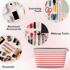 Womens Leather Makeup Bag Cosmetic Bag Travel Toiletry Bags Make Up Bags for Women Adult (White Red Line 2)