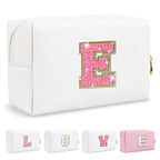 Small Personalized Initial A-Z Patch Makeup Bag,White Cute PU Leather Glitter Letter Cosmetic Bag for Teen Girls,Travel Toiletry Bag with Zipper,Preppy Monogrammed Birthday Gift for Daughter Niece E