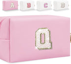 Small Personalized Glitter Initial Letter Makeup Bag, Cute PU Leather Chenille Letters Cosmetic Bag Travel Makeup Pouch, Preppy Travel Organizer Zipper Pouch for Women&Girls（Pink-Q）
