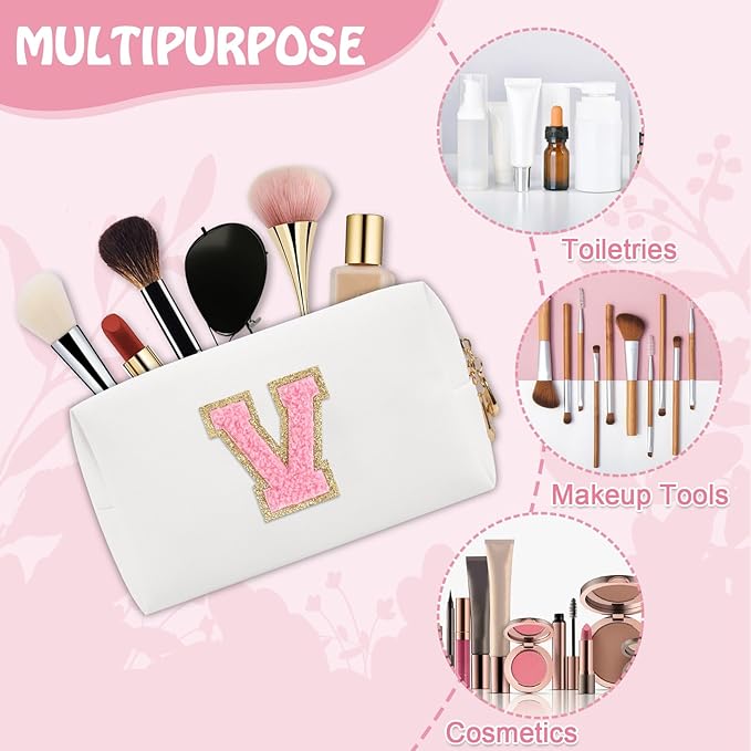Personalized Initial Preppy Patch Makeup Bag, Travel Toiletry Zipper Pouch Cute White Cosmetic Organizer Small Makeup Bag for Purse, PU Chenille Letter Make Up Bags Gift for Women Girl Mom(Letter V)