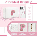 Small Initial Patch Makeup Bag Personalized Gifts Make Up Bag,White Cute PU Leather Glitter Letter Cosmetic Bag with Zipper,Trendy Portable Travel Toiletry Pouch,Preppy Stuff for Teen Girls Women P