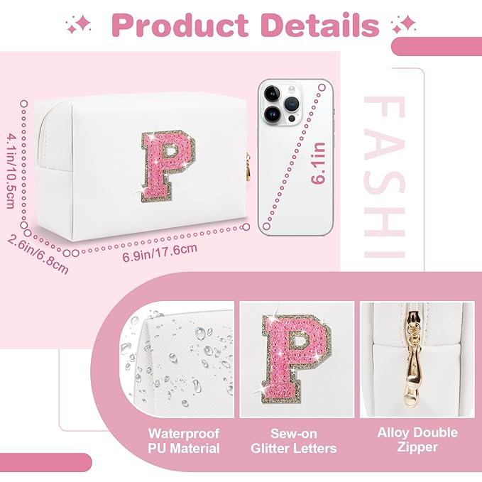 Small Initial Patch Makeup Bag Personalized Gifts Make Up Bag,White Cute PU Leather Glitter Letter Cosmetic Bag with Zipper,Trendy Portable Travel Toiletry Pouch,Preppy Stuff for Teen Girls Women P