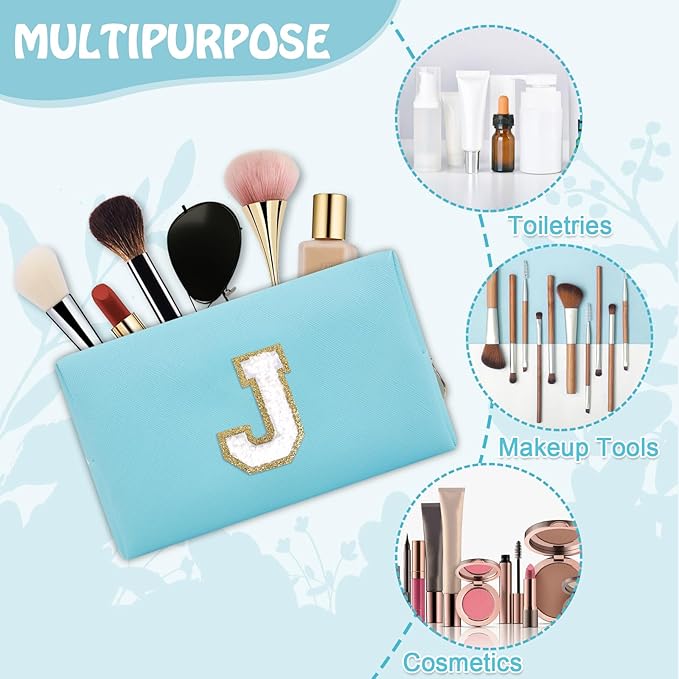 Personalized Preppy Small Travel Makeup Bag, Initial Chenille Letter Blue Makeup Bag Cosmetic Zipper Pouch Toiletry Organizer, PU Waterproof Makeup Case Storage Cute Preppy Stuff for Female(Letter J)