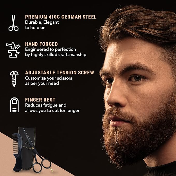 Ontaki Professional Beard Scissors for Men - 5 in Hand-Forged Black 410C German Steel - Includes 2 Combs & PU Pouch - Beard & Mustache Grooming Kit