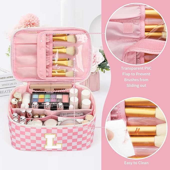 OCHEAL Makeup Bag for Women, Monogram Cosmetic Bag with Brush Holder, Pink Travel Makeup Case Beauty Toiletry Bag Organizer Personalized Gifts for Girls Bridesmaid, Sister, Wife, Friends Initial L