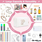 Small Initial Patch Makeup Bag Personalized Gifts Make Up Bag,White Cute PU Leather Glitter Letter Cosmetic Bag with Zipper,Trendy Portable Travel Toiletry Pouch,Preppy Stuff for Teen Girls Women P