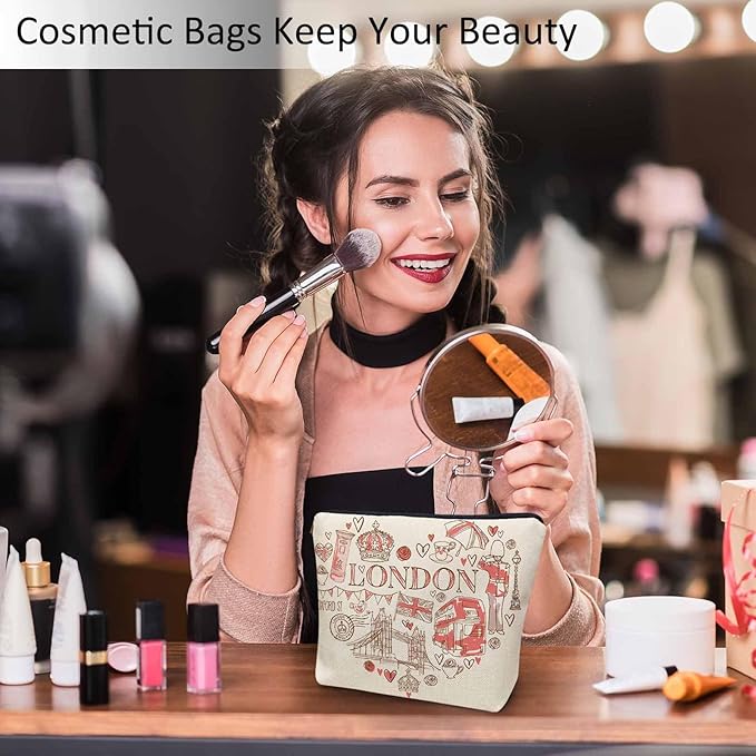 Women Makeup Organizer Bag London, Heart Shape I Love London Quote Flax Cosmetic Bag Makeup Bags Toiletry Bag Accessories Organizer Travel Bags For Home Bathroom Office Hotel Gym