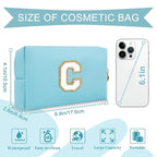 Small Personalized Initial A-Z Preppy Patch Makeup Bag,PU Chenille Letter Travel Cosmetic Pouch with Zipper,Blue Cute Toiletry Bag,Gift Ideal for Teen Girls Women Teacher Bridesmaid,Letter C