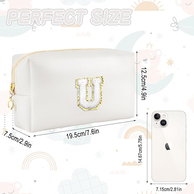 Gifts for Girls Initial Makeup Bag Personalized Cosmetic Bag with Zipper Cute Travel Toiletry Bags Waterproof PU Preppy Makeup Pouch Birthday Gift for Teen Girls Women(White U)