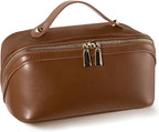 Abiudeng Travel Makeup Bag Large Capacity Toiletry Bag for Travel Essentials Open Flat Makeup bag Organizer with Divider and Handle-Brown