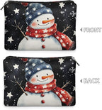 COEQINE Christmas Makeup Pouch for Purses for Women Leather Snowman Black Stars Mini Cosmetics Bag Cute Cosmetic Pouch for Women with Zipper Pen Pencil Toiletry Pouch for Birthday Xmas Gift