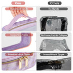 PACKISM Floral Texture Lace TSA Approved Toiletry Bag - 180° Opening Clear Makeup Bags in 2 Size, Clear Toiletry Bags with Handle, 0.5 mm Thick Non-deformable No Smell, Purple