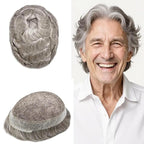 FACE MIRACLE Toupee for Men French Lace Hairpiece Human Hair Replacement System Skin PU Mens Toupee Hair Wigs for Man V-Looped Front Hair Prosthesis 6"X8" #580 5# MEDIUM LIGHT BROWN WITH 80% GREY