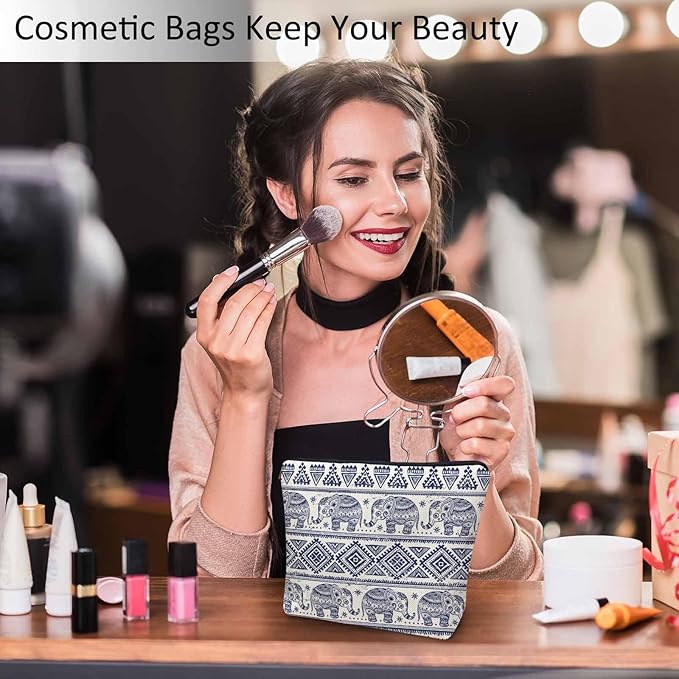 Elephant Cosmetic Bags For Women, Ethnic Geometric Elephant Roomy Makeup Bag Toiletry Bag Accessories Organizer Storage Bags Makeup Pouch For Travel Business Gym Camping Bathroom, Blue