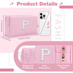 ChaoGreat Bride Gifts – Personalized Initial Makeup Bag with Pearl Rhinestone Patch, Preppy Pink Monogram Cosmetic/Toiletry Pouch, bridesmaid Gifts, Bridal Shower Gifts, Wedding Gifts, Bridal Gifts,P