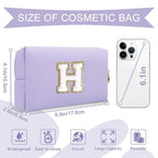 Personalized Makeup Bag Initial A-Z Preppy Patch Bag,Small PU Leather Travel Cosmetic Bag Pouch with Zipper,Purple Cute Toiletry Bag,Gift Ideal for Teen Girls Women Birthday Friend Mom,Latter H