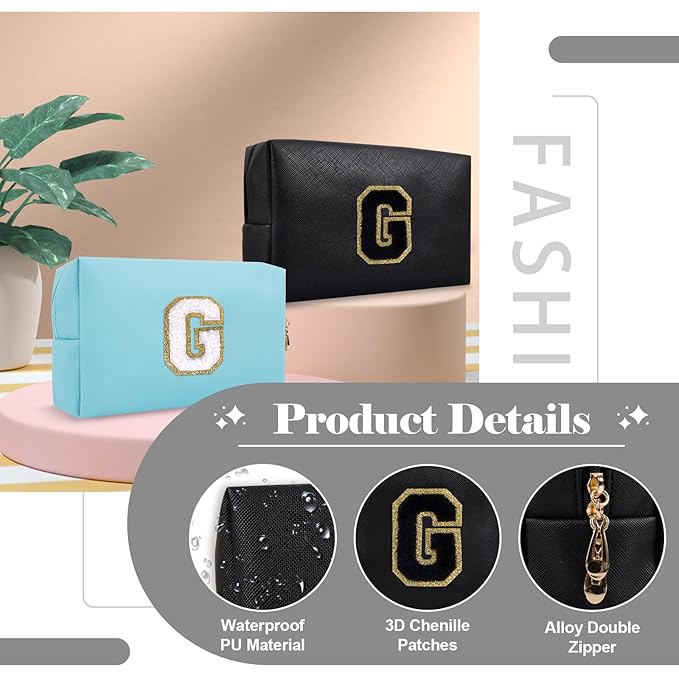 Personalized Initial A-Z Preppy Patch Makeup Bag,Small PU Chenille Letter Cosmetic Bag with Zipper for Teen Girls,Black Cute Toiletry Organizer Bag,Monogram Makeup Case Gift for Women Girls,Letter G