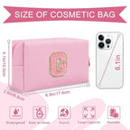 Personalized Initial A-Z Preppy Patch Makeup Bag,Small PU Leather Chenille Letter Cosmetic Bag with Zipper for Teen Girls,Pink Cute Travel Toiletry Bag,Birthday Monogrammed Gift for Daughter,Letter G