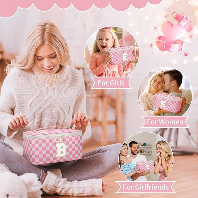 OCHEAL Makeup Bag for Women, Monogram Cosmetic Bag with Brush Holder, Pink Travel Makeup Case Beauty Toiletry Bag Organizer Personalized Gifts for Girls Bridesmaid, Sister, Wife, Friends Initial E