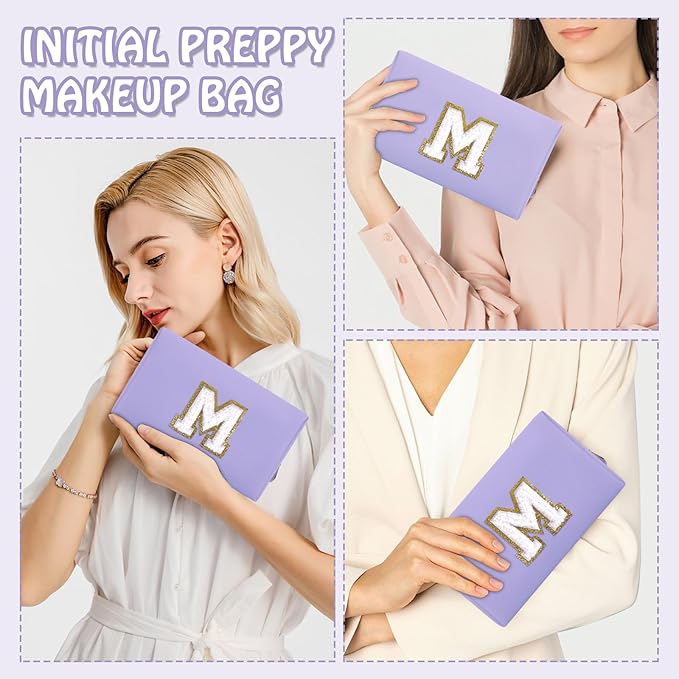 Small Travel Initial Preppy Makeup Bag, Personalized Cute Purple Chenille Letter Cosmetic Organizer Travel Toiltery Zipper Pouch, Waterproof PU Make Up Case Storage Mothers Day Gifts for Mom(Letter M)