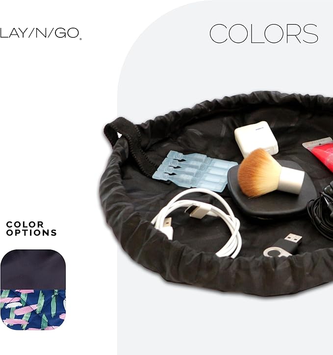 Lay-n-Go Cosmo Layflat Drawstring Cosmetic & Makeup Bag Organizer w/Zipper Pocket, Brush Loops & More, Cinch to Close, Lay Flat to Use, Durable, Machine Wash, Travel Toiletry Bag (16", Black)