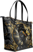 African Black Women's Leather Tote Bag, Large, Premium Vegan Leather, Full Zip, Perfect Christmas Gifts For Women