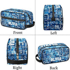 Custom Name Makeup Bag Travel Bag, Toiletry Bag Travel Large Capacity Cosmetic Container Organizer for Shampoo, Blue Geometric Pattern