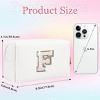 Small Personalized Glitter Initial Letter Makeup Bag, Cute PU Leather Chenille Letters Cosmetic Bag Travel Makeup Pouch, Preppy Travel Organizer Zipper Pouch for Women&Girls（White-F）