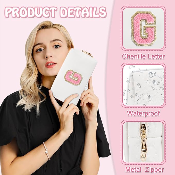 Personalized Initial Preppy Makeup Bag Organizer, Small Travel Cute White Cosmetic Bag Toiletry Zipper Pouch, Portable Waterproof PU Leather Monogram Makeup Case for Teacher Graduation Gift(Letter G)