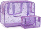 Yaopeing 2Pcs PVC Clear Makeup Bag Organizer for Women,Star Transparent Cosmetic Case Travel Toiletry Pouch with Zipper,Large Make Up Purse for Daily Accessory,Purple