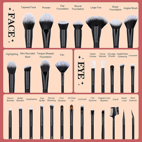 29pcs Black Professional Makeup Brush Set Kabuki Powder Concealers Eye shadows Blush Eyeliner Eyebrow Contour Eye blending Brushes (29pcs brush)
