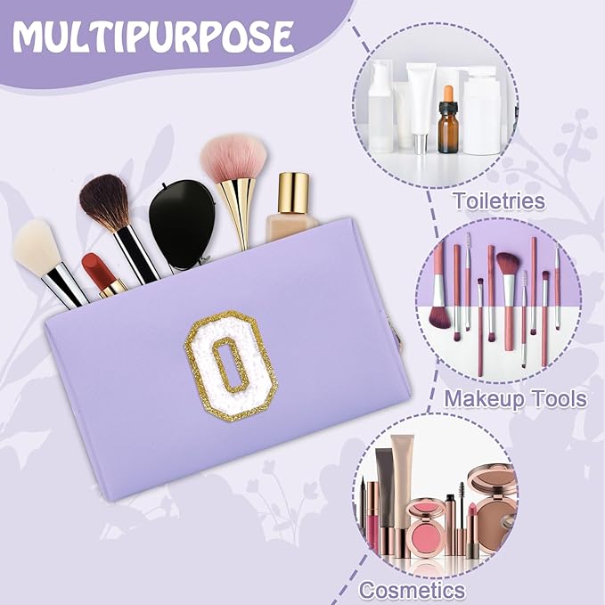 Small Initial Preppy Patch Makeup Bag, Personalized Purple Cute Cosmetic Zipper Pouch Toiletry Bags for Traveling, Waterproof Chenille Letter Make Up Storage Bags Travel Essentials for Women(Letter O)