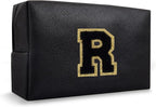 Small Travel Initial Preppy Makeup Bag, Personalized Black Cute Cosmetic Organizer Chenille Letter Toiltery Zipper Pouch for Purse, Waterproof Makeup Storage Gifts for Female Teacher Friend(Letter R)