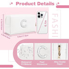 Bride Gifts – Personalized Initial Makeup Bag with Pearl Rhinestone Patch, Preppy White Monogram Cosmetic/Toiletry Pouch, bridesmaid Gifts, Bridal Shower Gifts, Wedding Gifts, Bridal Gifts,C