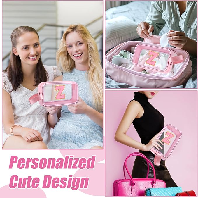 Initial Makeup Bag,Letter Z Cute Clear Monogrammed Cosmetic Travel Bag for Womens Girls,Personalized Pink Aesthetic Traveling Make Up Organizer Bag for Beach,Waterproof Toiletry Bag