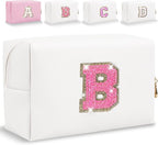 Small Personalized Glitter Initial Letter Makeup Bag, Cute PU Leather Chenille Letters Cosmetic Bag Travel Makeup Pouch, Preppy Travel Organizer Zipper Pouch for Women&Girls（WhiteRosePink-B）
