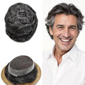 FACE MIRACLE Hair System for Men French Lace Mens Toupee Human Hair Replacement System Lace with PU Toupee for Men Male Hair Piece Wigs 6"X9" #1B30 1B# OFF BLACK WITH 30% SYNTHETIC GREY