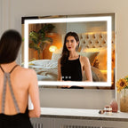 Hasipu Vanity Mirror with Lights, 25.6" x 21.3" LED Makeup Mirror, Light up Mirror with 10X Magnification and Phone Holder, USB Charging Port, Smart Touch 3 Colors Dimmable, 360° Rotation (White)
