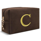Personalized Initial Makeup Bag,Preppy Suede Cosmetic Bag for Teen Girls,Small Monogram Travel Toiletry Bag With Gold Embroidered Letter,Trendy Stuff Custom Christmas Gift for Women(Coffee-C)