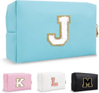 Personalized Preppy Small Travel Makeup Bag, Initial Chenille Letter Blue Makeup Bag Cosmetic Zipper Pouch Toiletry Organizer, PU Waterproof Makeup Case Storage Cute Preppy Stuff for Female(Letter J)