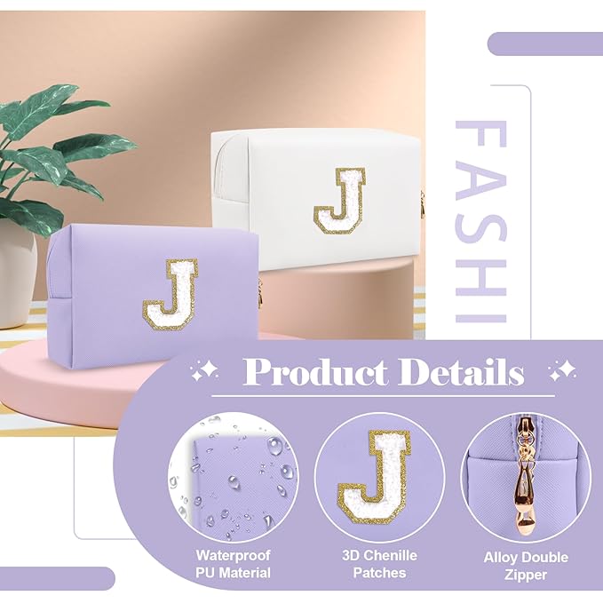Personalized Makeup Bag Initial A-Z Preppy Patch Bag,Small PU Leather Travel Cosmetic Bag Pouch with Zipper,Purple Cute Toiletry Bag,Gift Ideal for Teen Girls Women Birthday Friend Mom,Latter J