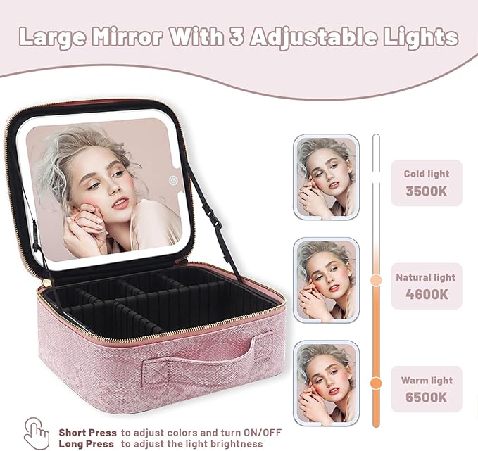 Travel Makeup Bag with LED Mirror – 3 Brightness Modes, Portable Lighted Makeup Case with Adjustable Dividers, Cosmetic Organizer Gift for Women (Pink)