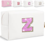 Glitter Initial Letter Makeup Bag, Small Personalized Sequins Letters PU Leather Cosmetic Bag Portable Waterproof Makeup Zipper Pouch, Shine Handbag Organizer Travel Bag Gifts for Women&Girls(White-Z)