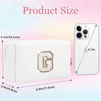 Small Personalized Glitter Initial Letter Makeup Bag, Cute PU Leather Chenille Letters Cosmetic Bag Travel Makeup Pouch, Preppy Travel Organizer Zipper Pouch for Women&Girls（White-G）