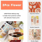 2Pcs Floral Makeup Bag for Women Cotton Quilted Coquette Cosmetic Bag Cute Zipper Mixed Flower Makeup Pouch Aesthetic Portable Pencil Pouch Travel Toiletry Bag Trendy Cloth Skincare Bag