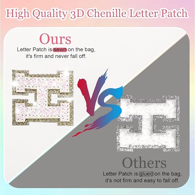 Small Personalized Glitter Initial Letter Makeup Bag, Cute PU Leather Chenille Letters Cosmetic Bag Travel Makeup Pouch, Preppy Travel Organizer Zipper Pouch for Women&Girls（White-J）
