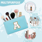 Personalized Initial Preppy Patch Makeup Bag, Small Blue Cute Cosmetic Pouch Makeup Organizer Travel Toiletry Zipper Pouch, Monogram Waterproof PU Chenille Letter Storage Bag Gift for Women(Letter A)
