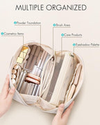 Vlando Makeup Bag,Large Capacity Toiletry Bag for Women Waterproof Portable Make up Pouch PU Leather Open Flat Cosmetic Bag(Cream White)