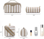 BOYATU Travel Makeup Bag for Women: Large Cosmetic Bag Set of 3 - PU Leather Make up Bag with Compartments - Compact Waterproof Toiletry Bag with Divider & Handle (B-7-Apricot)